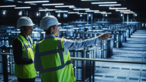 people wearing hard hats in a data center
