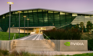 nvidia headquarters with grey nvidia sign in front with nvidia logo