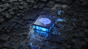 a digital rendering of a circuit board with a chip in the center with ai inscribed on it