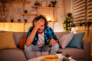 man looks upset while sitting on a couch