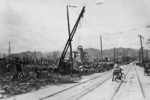 man walks through hiroshima japan after atomic bomb blast