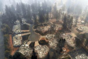 aerial view of paradise california neighborhood after camp fire
