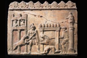 roman relief gladiators fighting lions
