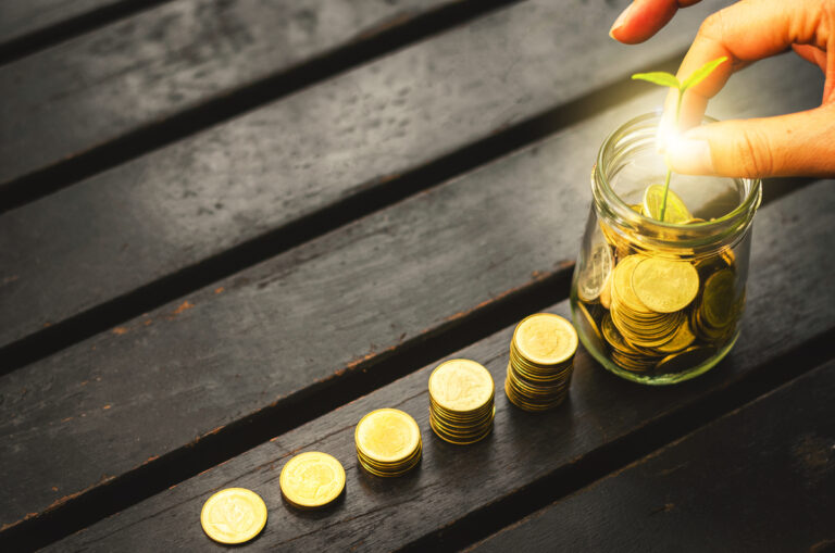 stacks of coins next to a plant sprouting from a glass jar full of coins